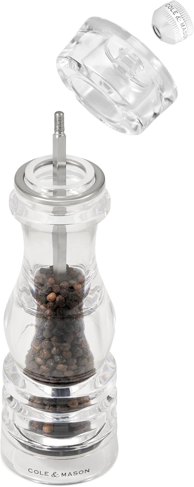 Cole & Mason London Refillable Spice Mill - Kitchen & Home Accessory - Table Black Pepper Grinder - Pepper Mill with Carbon Steel Mechanism - 8", Acrylic