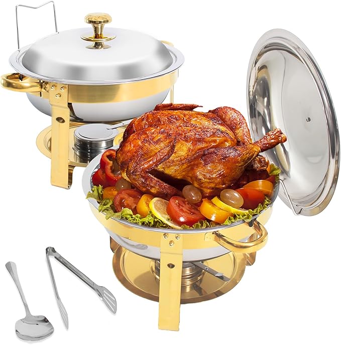 2-Pack Gold Round Chafing Dishes for Buffet, 5QT Stainless Steel Buffet Chafing Set for Catering, Parties & Events