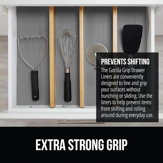 GORILLA GRIP powerGRIP Drawer Shelf and Cabinet Liner, Thick Strong Hold, Non-Adhesive Liners Protect Kitchen Cabinets and Cupboard, Bathroom Drawers, Easy Install, Breathable Mat, 17.5" x30', Gray