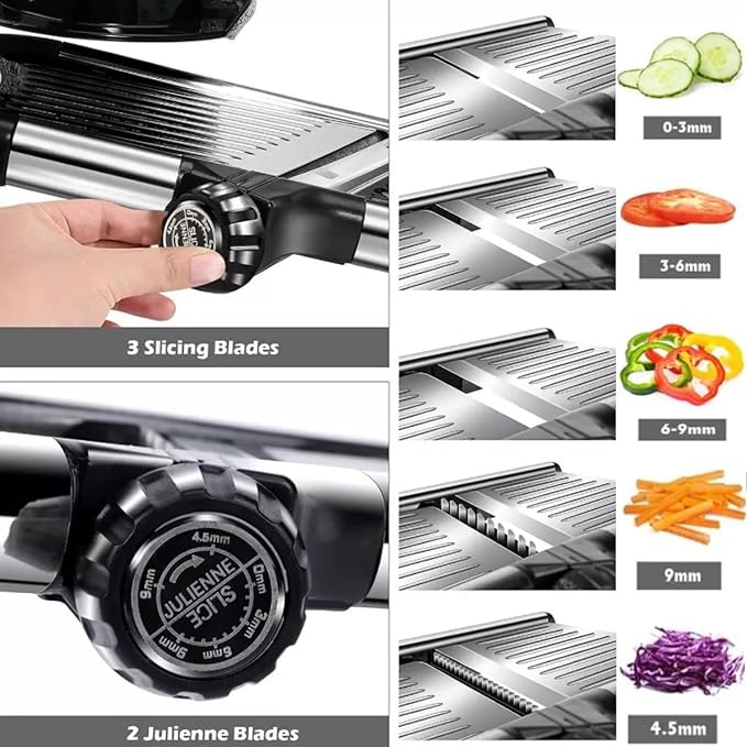 Adjustable Mandoline Slicer for Vegetables, Fruits, Stainless Steel with Cut-Resistant Gloves, Black/Silver