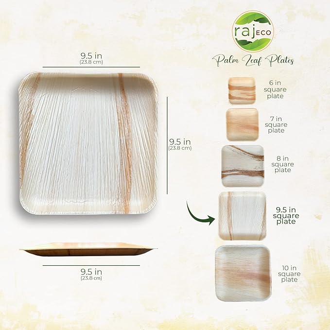 Raj Disposable Palm Leaf Plate [100-Pack] Large Square Plates Strong and Reusable Party Plate Like Bamboo Plates - Decorative Compostable Tableware for Lunch, Dinner, Birthday, Camping
