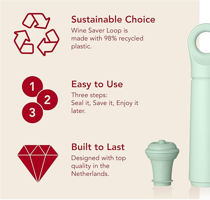 Vacu Vin Wine Saver Loop – Made in the Netherlands – Premium Vacuum Pump with Stopper – Airtight Seal Keeps Wine Fresh up to 10 Days – Stylish & Long-Lasting – Jade