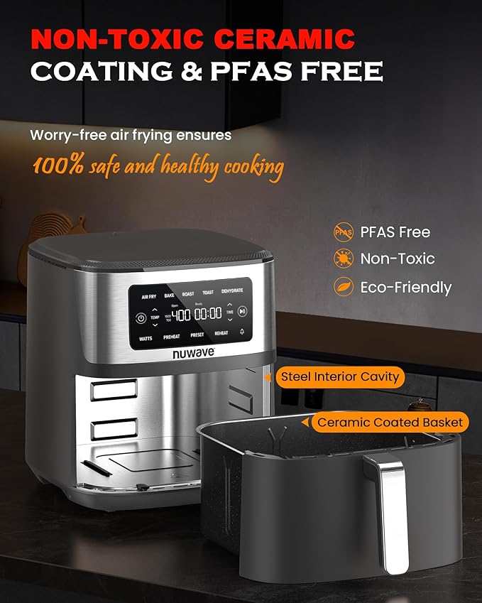 Nuwave Brio Plus 6-in-1 Air Fryer, 7-Qt Large Capacity, 50°F–400°F Precise Temp Control, Non-Toxic PFAS-Free Nonstick, Air Fry, Bake, Roast, Toast, Dehydrate, Reheat, 100 Presets, Dishwasher Safe