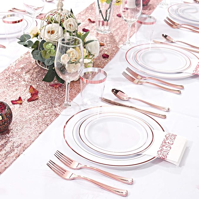 WDF 120 pieces Rose Gold Plates Disposable - Heavy Duty Rose Gold Plastic Plates Perfect for Mother's Day, Wedding, Birthday
