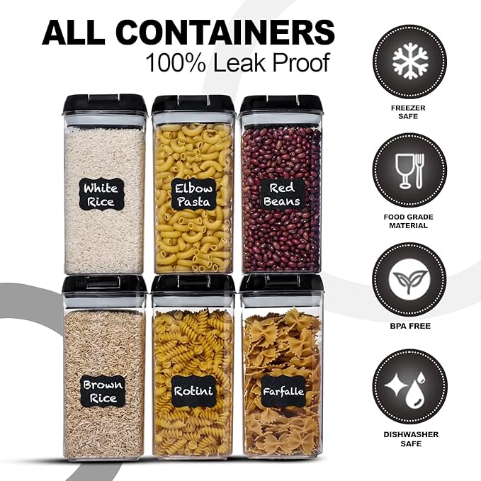 Shazo Airtight Food Storage Containers with Lids - 6 PC BPA Free Clear Plastic Cereal Containers with Easy Lock Lids for Kitchen and Pantry Organization for Snacks and Pasta - 1.2 L