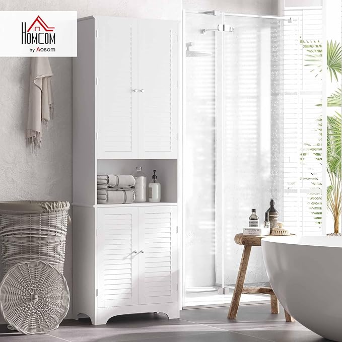 HOMCOM Tall Narrow Bathroom Storage Cabinet with Doors and Shelf Adjustability, Freestanding Linen Cabinet with 2 Cabinets and Countertop, White