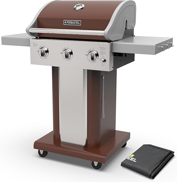 Permasteel 3-Burner Propane Gas Grill, 30,000 BTUs BBQ Grill with Cast Iron Grates, Foldable Side Tables & Tool Hooks, Outdoor Grill, Mocha +Bonus Cover