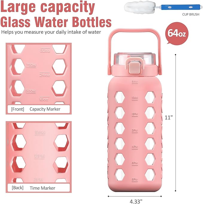 MUKOKO Half Gallon/64 oz Glass Water Bottles with Straw and Lid,Motivational Water Jug with Time Marker Reminder and Silicone Sleeve,100% Leakproof BPA Free Fitness Sports Large Bottle-Pink