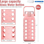 MUKOKO Half Gallon/64 oz Glass Water Bottles with Straw and Lid,Motivational Water Jug with Time Marker Reminder and Silicone Sleeve,100% Leakproof BPA Free Fitness Sports Large Bottle-Pink