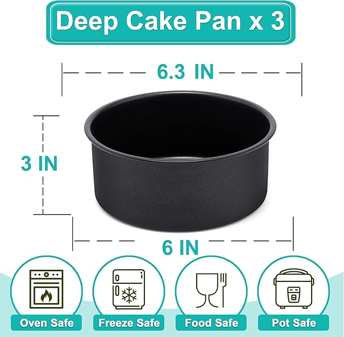 E-far 6 x 3 Inch Cake Pan Set of 3, Deep Stainless Steel Small Round Cake Pans Tin for Baking Birthday Wedding Layer Cakes, Stainless Steel Core & Non-toxic Nonstick Coating, Deep & Straight Side