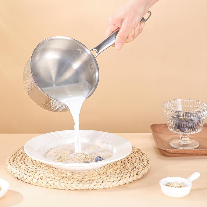 1-Quart Saucepan with Lid, Tri-Ply Stainless Steel Pot with Stay-Cool Handle & All Cooktop Compatibility (Gas, Ceramic, Electric) - Silver Hammered