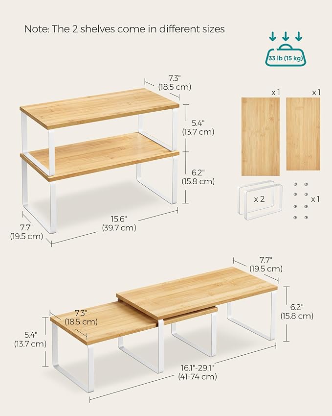 SONGMICS Cabinet Organizer Shelf, Set of 4 Kitchen Counter Shelves, Kitchen Storage, Spice Rack, Stackable, Expandable, Metal and Engineered Wood, Cloud White and Natural Beige UKCS210W01