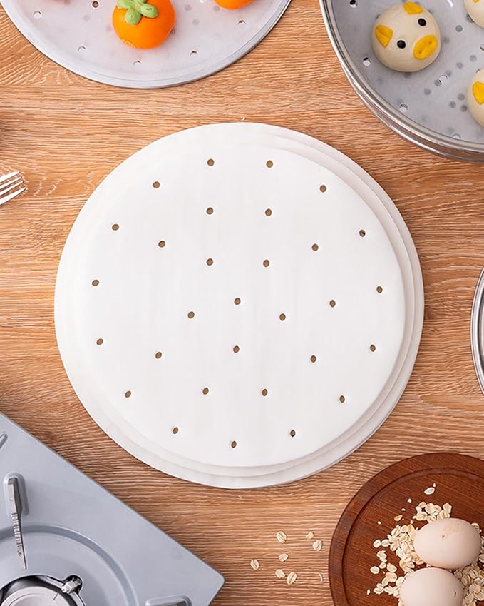 100pcs 11 Inch Round Air Fryer Liners, Fits 12-Inch Bamboo Steamer Baskets, Premium Perforated Parchment Paper Sheets, Non-stick Basket Mat, Perfect for Steaming/Baking/Air Fryers/Cooking