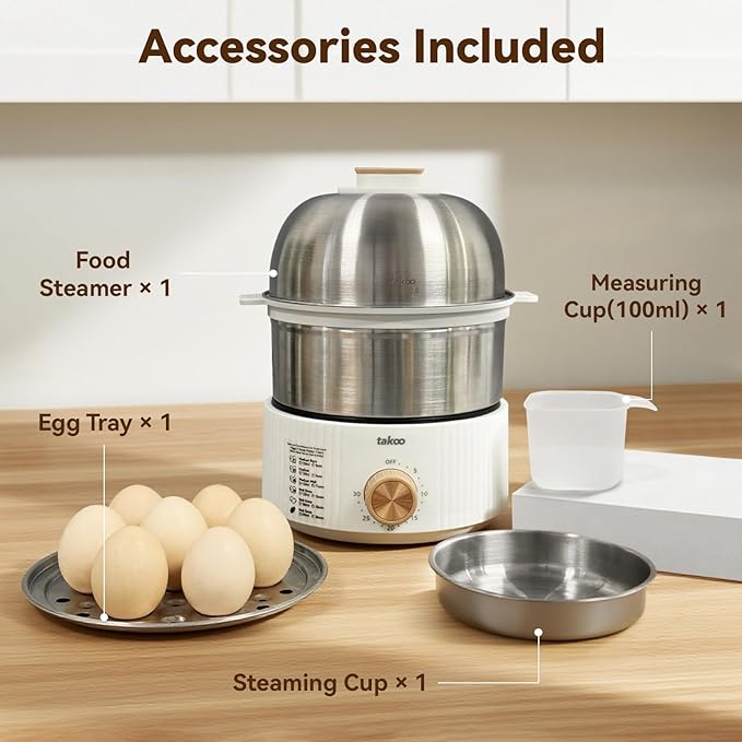 TAKOO 3-in-1 Electric Egg Cooker for Hard Boiled Eggs Poacher, Omelet Maker & Vegetable Steamer, Holds 14