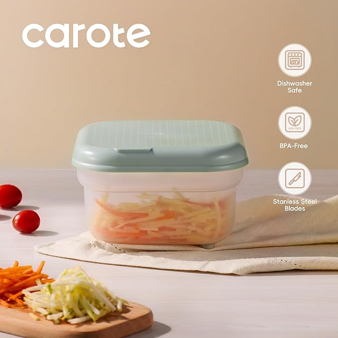 Carote Cheese Grater with Container, Kitchen Vegetable Mandoline Slicer Shredder with Interchangeable Blades, BPA-Free Container with Removable Handle, Grater for Onion, Fruit, Vegetables, Sage Green