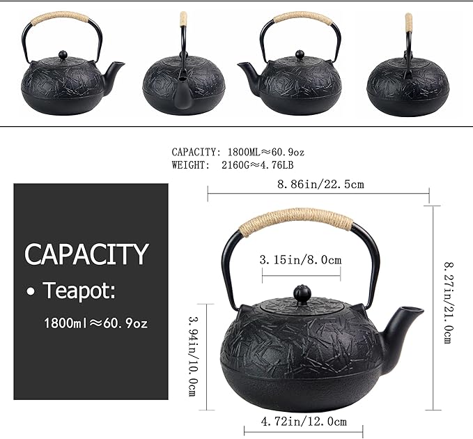 60.9oz YJX Cast Iron Teapot, Japanese Tetsubin Tea Kettle for Stovetop Safe, Cast Iron Tea Pot with Infuser for Loose Leaf, Black Kettle Teapot, Good Gift For Tea Lovers(1800ml)