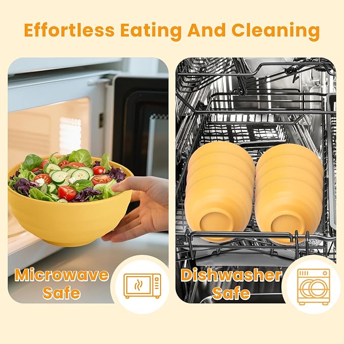 Homienly Sunshine Yellow Bowl Set of 8, 60 Oz Large Wheat Straw Bowls, Unbreakable Big Salad & Soup Bowls, Microwave Safe for Easter, Picnic, Kids Party & Family Meals