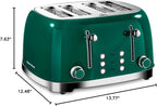 Roter Mond 4 Slice Toaster Retro Stainless Steel with Bagel Defrost Cancel Function, 6 Browning Settings, Extre Wide Slot and Removable Crumb Tray, Green, ST033
