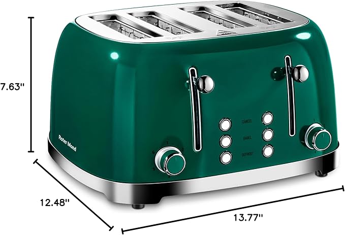 Roter Mond 4 Slice Toaster Retro Stainless Steel with Bagel Defrost Cancel Function, 6 Browning Settings, Extre Wide Slot and Removable Crumb Tray, Green, ST033