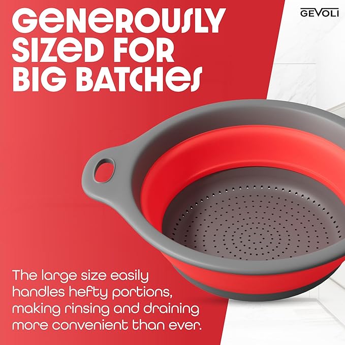 Strainer with Self-Draining Base (5QT) Over-Sink Collapsible Kitchen Colander Set with Side-drain Base for Pasta Vegetables and Fruit, XL Large Capacity, Dishwasher Safe (5-Quart) Red/Gray