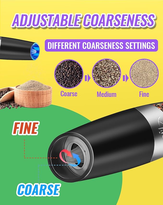 Gravity Electric Salt and Pepper Grinder Set, Automatic and Battery-Operated with Adjustable Coarseness, LED Light, One Hand Operated By Rongyuxuan