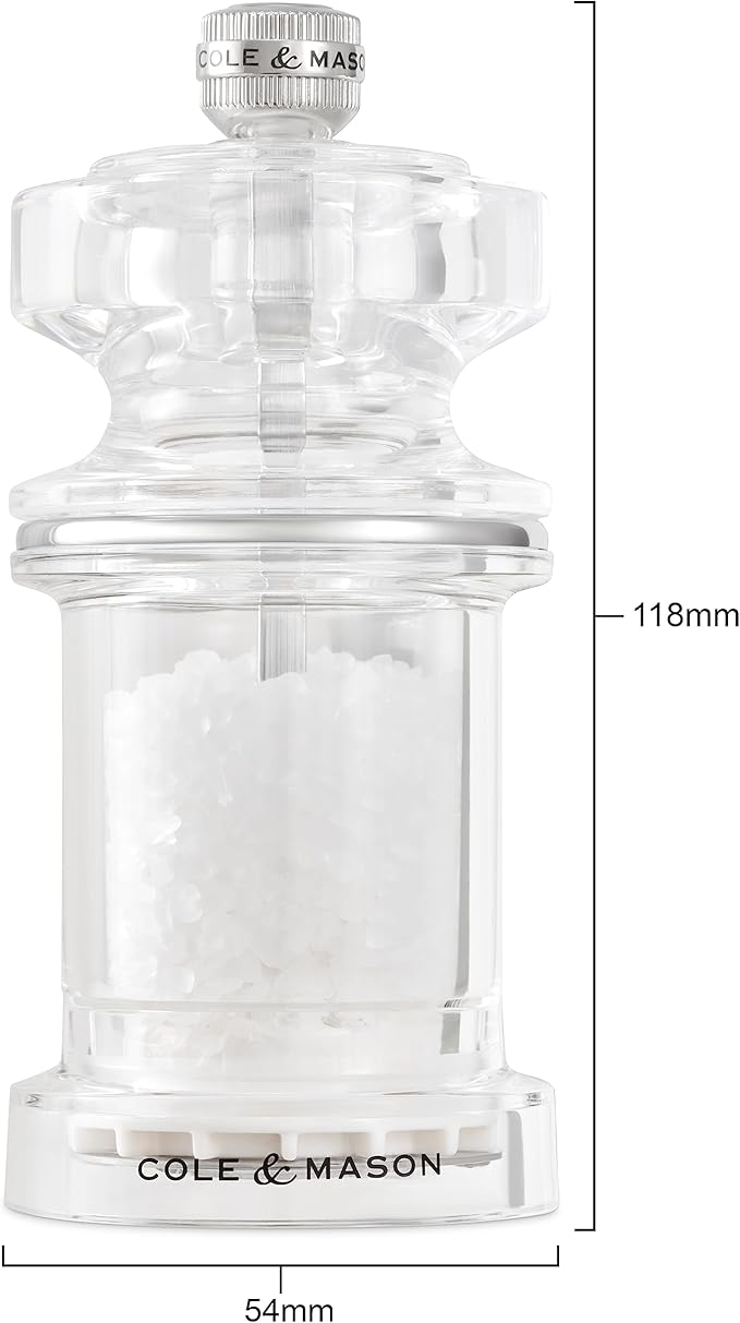 Cole & Mason 605 Refillable Spice Mill - Kitchen & Home Accessory - Table Salt Grinder - Salt Included - Acrylic - Salt Mill 4.5"