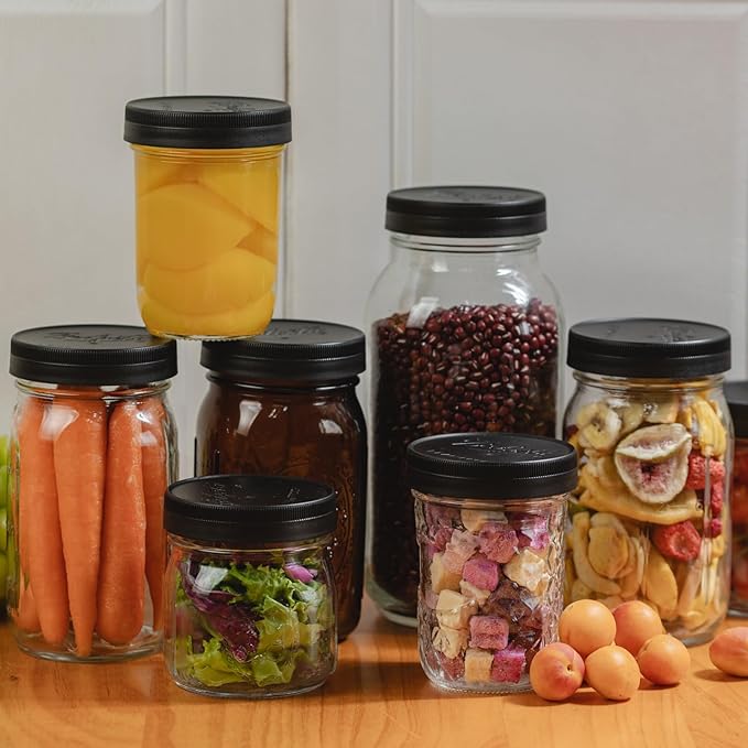 4 Pack 32 oz Amber Wide Mouth Mason Jars with Airtight Lids and Black Plastic Mason Jar Lids, Amber Canning Jars