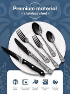 EUIRIO 24 Pieces Black Silverware Set with Steak Knives, Stainless Steel Flatware Set for 4, Black Cutlery Utensils Set, Include Spoons Forks Knives, Mirror Polished, Dishwasher Safe