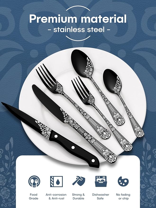 EUIRIO 24 Pieces Black Silverware Set with Steak Knives, Stainless Steel Flatware Set for 4, Black Cutlery Utensils Set, Include Spoons Forks Knives, Mirror Polished, Dishwasher Safe