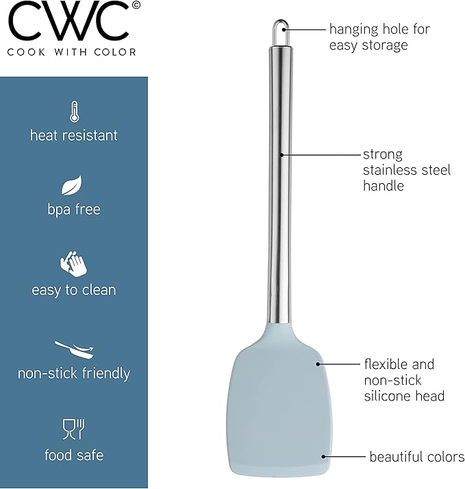 COOK WITH COLOR Silicone Cooking Utensils, Kitchen Utensil Set, Easy to Clean Silicone Kitchen Utensils, Cooking Utensils for Nonstick Cookware, Kitchen Gadgets Set, 5 Pieces, Blue and White