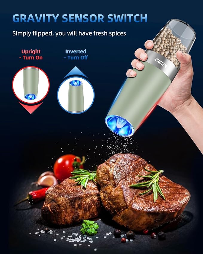 Gravity Electric Pepper and Salt Grinder Set, Adjustable Coarseness,with LED Light, One Hand Automatic Operation (Set/Light Green)