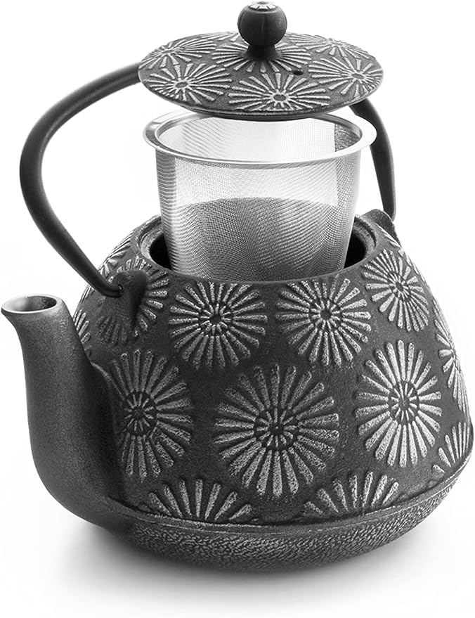 IBILI 40 Oz Bali Cast Iron Teapot | Made in Spain | Stainless Steel Infuser, Enameled Interior, Stovetop & Induction Compatible, Japanese Kettle for Loose Leaf Tea, Tetsubin Design, Silver