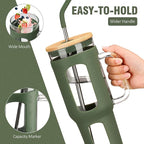 Glass Tumbler with Lid and Straw, 46 oz Iced Coffee Cup with Handle, Large Water Bottles with Silicone Sleeve, Glass Cup with Straws - Pearl Straw & Drinking Straw BPA Free-Olive