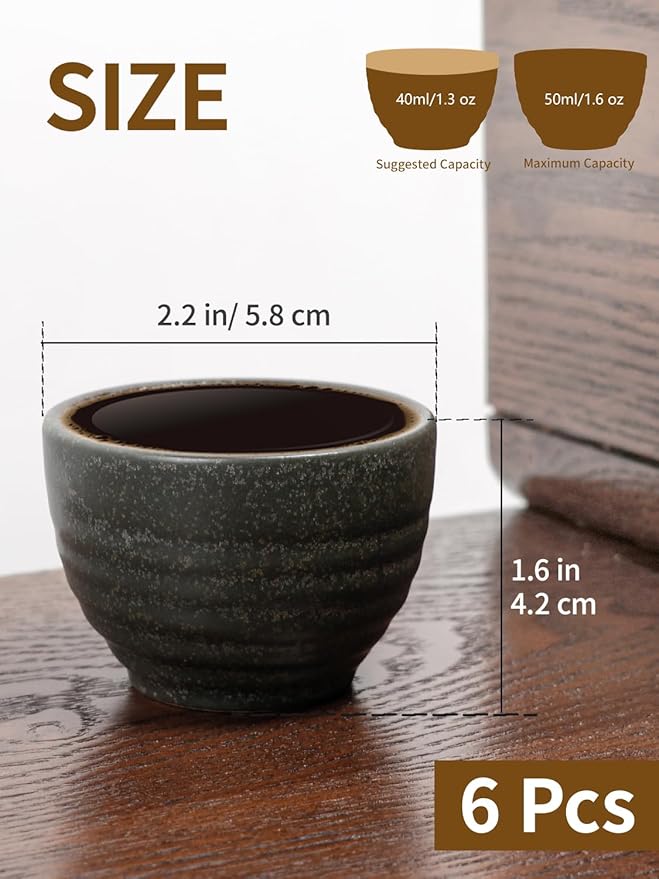 1.6oz Espresso Cups Set of 6, Matte Black Ceramic Demitasse Coffee Cups for Espresso, Latte, Cappuccino – Small Shot Cups – Stackable Mini Mugs for Home, Cafe, Restaurant
