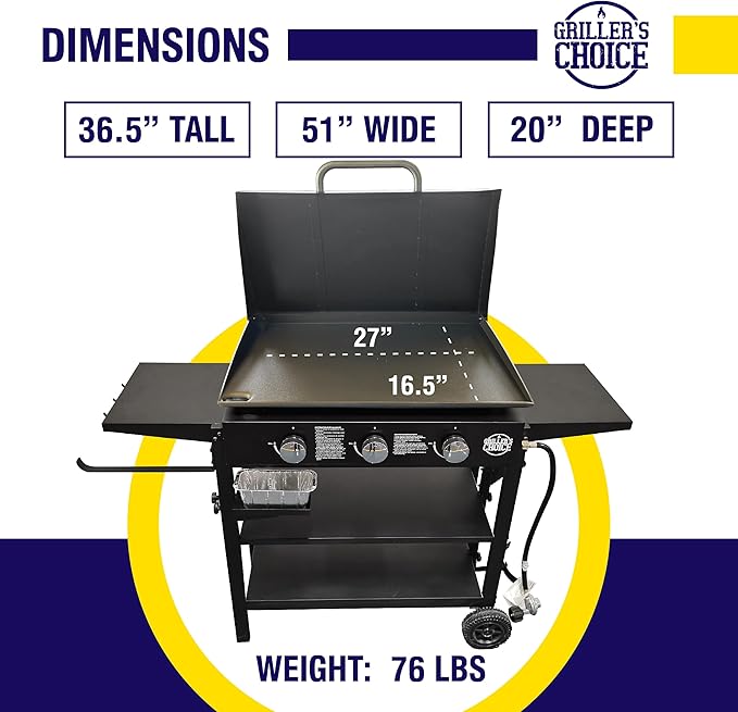 Griller's Choice Gas Griddle with Hinged Hood & Wind Guards, 4 Shelves, Propane Griddle for Flat Grills Outdoor Cooking, Front Grease Management, Steel Flattop Grills Surface, Precision Heat Control