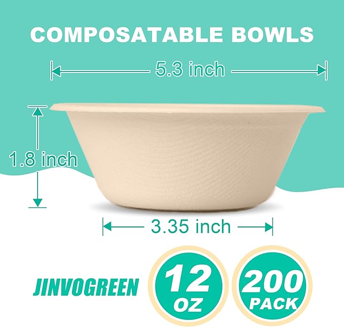 200 Count 12 oz Paper Bowls, Disposable Compostable Bowls Bulk, Heavy Duty Biodegradable Bagasse Bowl for Snacks, Soup, and Salads, Natural