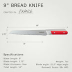Made In Cookware - 9" Inch Bread Knife - Crafted in France - Full Tang With Pomme Red Handle