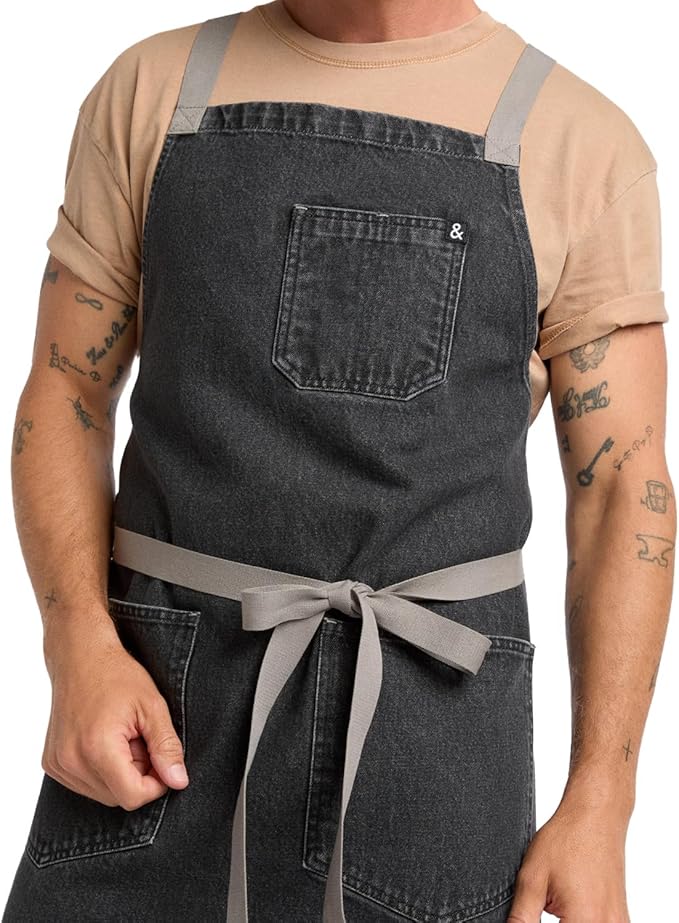 hedley & bennett Crossback Apron - Crossback Chef Apron with Pockets - 100% Cotton Denim, 8oz - Oyster Grey