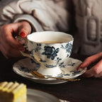 KAMMAK Tea Cups and Saucers Set of 2, Porcelain Coffee Cups, 6.8-Ounce Stackable Espresso Mugs, Ceramic Demitasse for Coffee, Latte, Americano, Tea, Blue Orchid