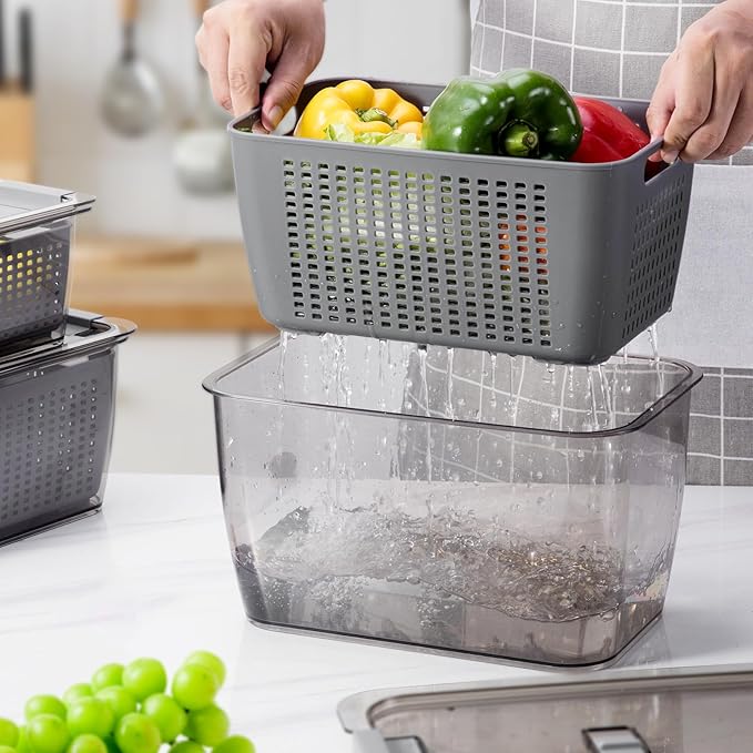 LUXEAR 4 Pack Fruit Containers for Fridge, Vegetable Storage Container with Lids &Removable Colander Produce Saver Organizer for Refrigerator Keep Fruit, Veggie, Berry, Meat Fresh Longer-Grey