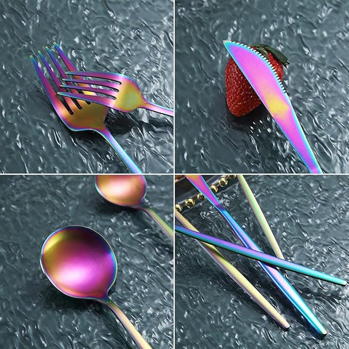 Matte Rainbow Flatware Set 40 Pieces, Stainless Steel Colorful Silverware Set, Titanium Plating Matte Rainbow Cutlery Set, Matte Rainbow Utensil Sets, Service Set for 8 (Matte Rainbow)