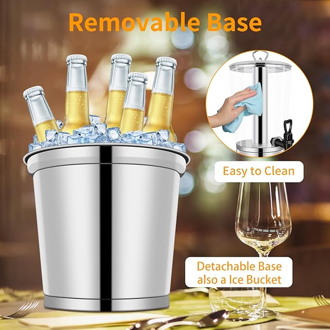 Beverage Dispenser With Stand, Iced Beverage Drink Dispenser, Stainless Steel Water Jar with Ice Container, Lemonade Drink Jar Jug For Buffet, Parties, Clear Acrylic, 2-GALLONS 8-L