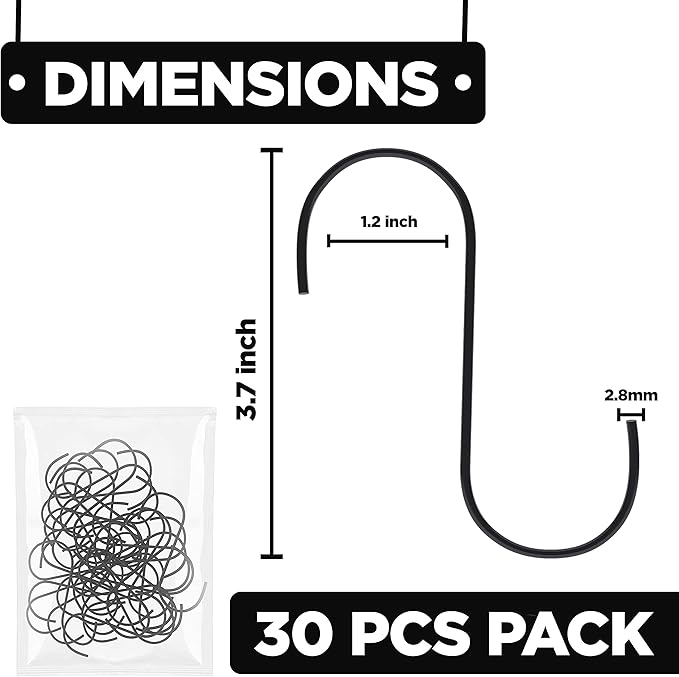 Pack of 30 Black S Hooks for Hanging Clothes Heavy Duty Stainless Steel S Shaped Hooks for Hanging Clothes, Bags, Blankets, Pots, Plants, Garage Tools and Kitchen Utensils (3.7 Inches)
