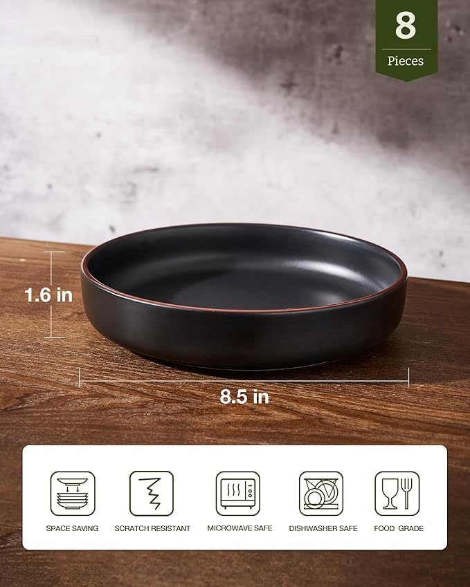 famiware Mercury Pasta Bowls Set of 8, 33 oz Large Salad Bowls, Ceramic Pasta Plates Bowls, Serving Bowls for Kitchen, Microwave & Dishwasher Safe, Black