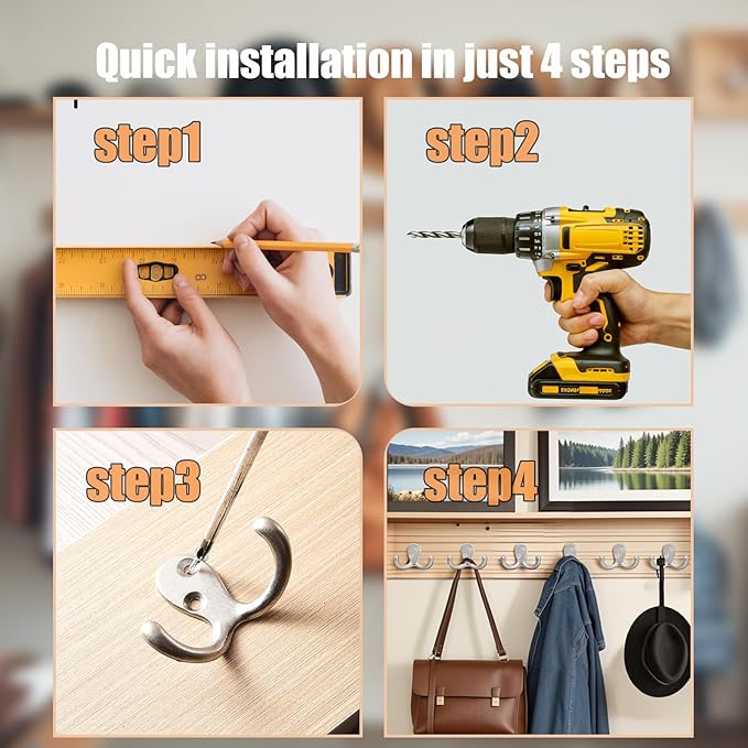 Coat Hooks Wall Hooks for Hanging - 25 Pack Silver Double Prong Hook Wall Mounted - Great for Living Room, Bedroom, Kitchen, Closet for Coat, Bag, Towel, Hat, Key, Cup, Heavy-Duty, Easy to Install