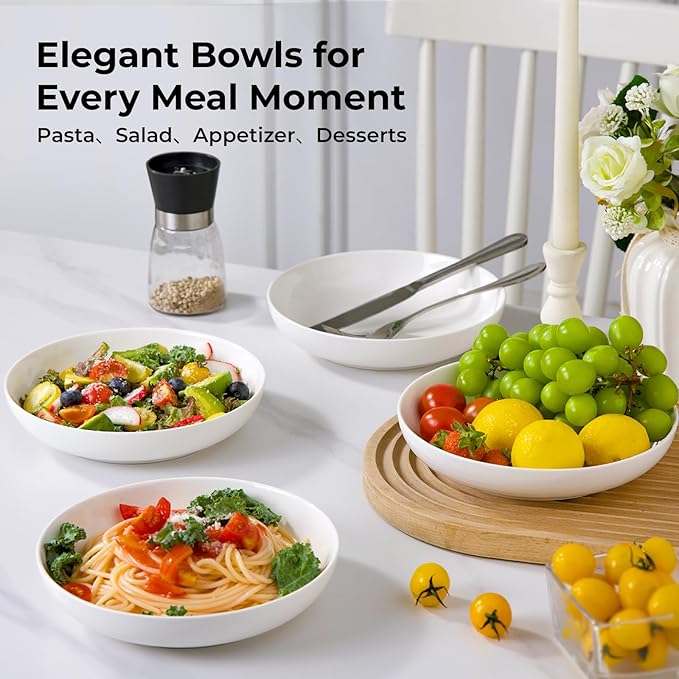 Y YHY Pasta Bowls, 22 Ounces Salad Ceramic Bowl Plate Set of 4, 7.8 Inch Porcelain Pasta Bowls for Serving Dinner and Salad，Wide and Shallow Bowls Set, Microwave and Dishwasher Safe, White