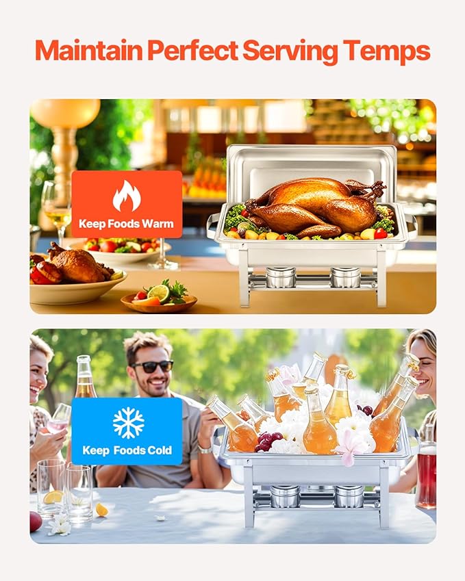 VEVOR Chafing Dish Buffet Set, 8 Qt 6 Pack, Stainless Steel Chafer with 6 Full Size Pans, Rectangle Catering Warmer Server with Lid Water Pan Stand Fuel Holder, for Weddings Parties Banquets, Silver