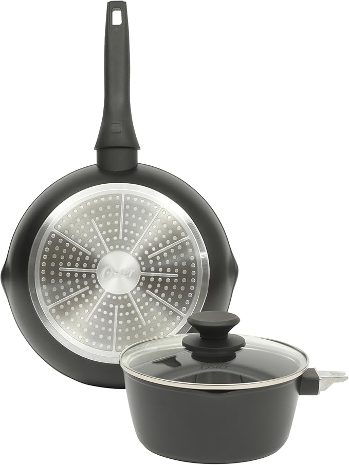 Oster SmartHandle 2-Qt Nonstick Saucepan & 10-Inch Fry Pan with Removable Handle Cookware Set – Oven & Dishwasher Safe, Space-Saving Cookware