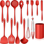 Kitchen Cooking Utensils Set with Holder, Homikit 15-Piece Silicone Spatula Set for Nonstick Cookware, 446°F Heat Resistant Spoon Turner Tong Whisk Brush for Cooking and Baking-Red