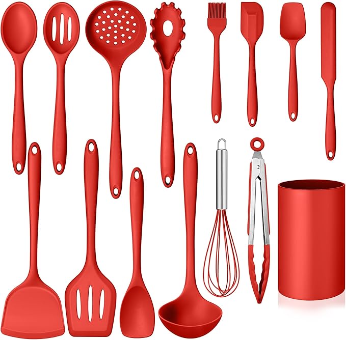 Kitchen Cooking Utensils Set with Holder, Homikit 15-Piece Silicone Spatula Set for Nonstick Cookware, 446°F Heat Resistant Spoon Turner Tong Whisk Brush for Cooking and Baking-Red